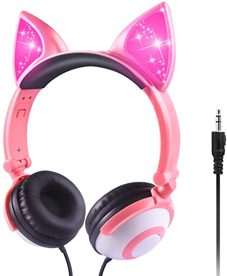 Sunvito Kids Headphones, Glowing Girls Headset with Wired Mode, 85dB Volume Control, Cat Ear Headphones for School Birthday Gifts (Peach)