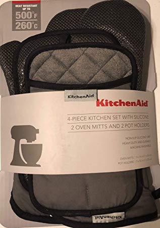 KitchenAid 4 Piece Kitchen Set w/Silicone 2 Oven Mitts, 2 Pot Holders (Grey)