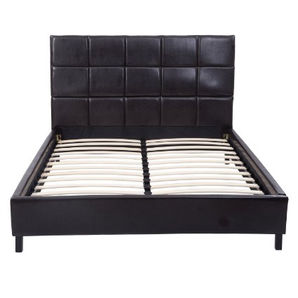 HomCom Queen Size Black Faux Leather Low Profile Headboard with Wood Slat Bed Frame