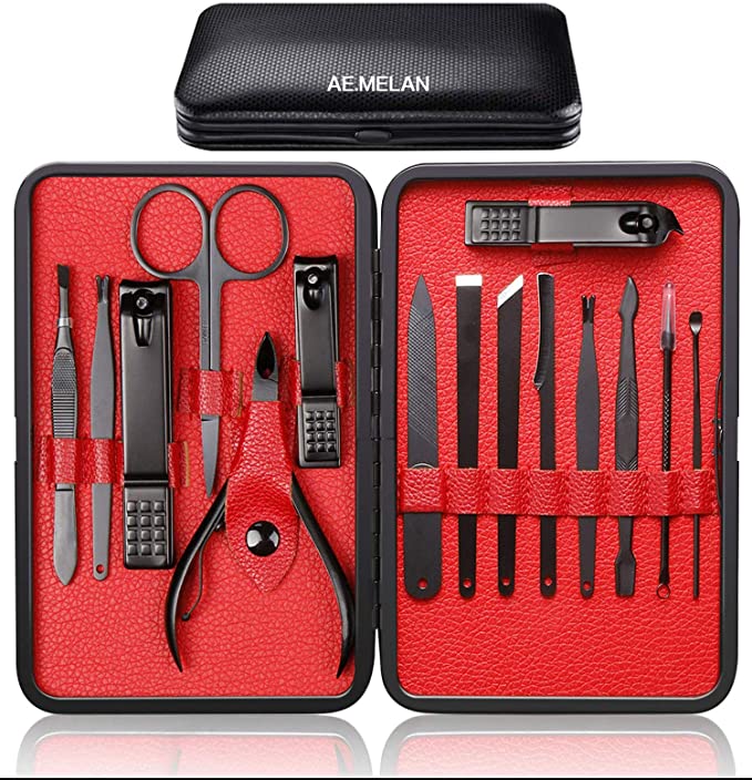 NA Manicure Kit Nail Clippers Set Professional Pedicure 15 Piece Black Stainless Steel Makeup Grooming Set Cutter Ear Pick Tweezers Scissors Nail File Gift for Man & Women (Black/Red_15in1)