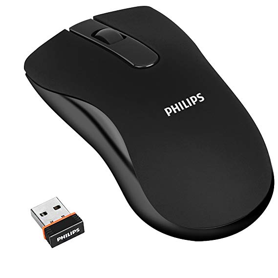 Philips Wireless Mouse, 2.4G USB Optical Cordless Mice with Nano Receiver, 10M Wireless Connection, 1000 DPI, for PC Laptop Notebook Mac - Black