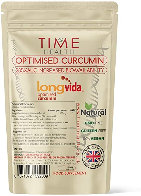 New: Longvida Optimised Curcumin Extract from Turmeric - 120 Capsules - Clinically Proven - 285XAUC Increased Bioavailability - Vegan - Pullulan (120 Capsule Pouch)