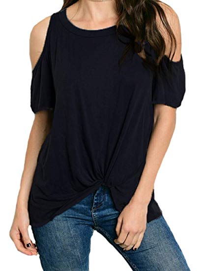 Eanklosco Women Cold Shoulder Top Casual Short Sleeve Twist Knot Front Shirt Summer Tunic