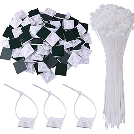 AUSTOR 100 Pack Zip Tie Mount White Adhesive Zip Tie Mounting Base (1.1" x 1.1") with 200 Pack White Nylon Cable Ties(Length 200 mm, Width 3 mm)