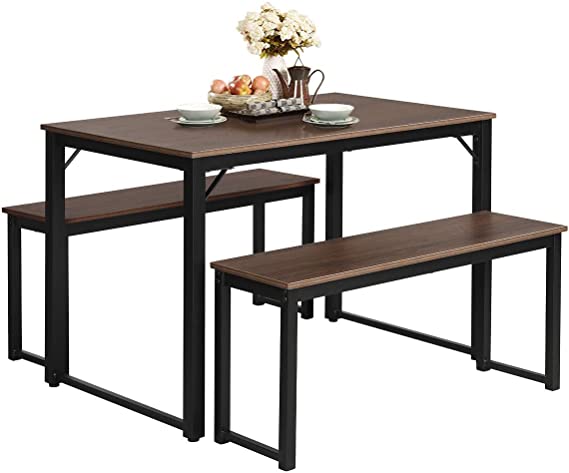 Giantex Dining Table with Bench, Modern Studio Collection Table with 2 Benches, Kitchen 3Pcs Bench Dining Table Set with Metal Frameor for Living Room, Kitchen, Small Space (Brown & Black)