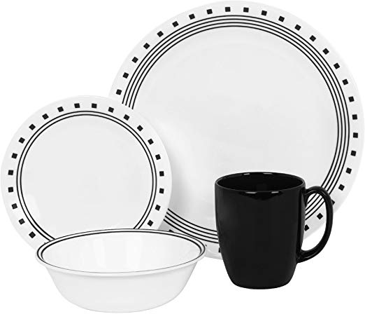 Corelle Livingware 16-Piece City Block Design Dinnerware, with Service for 4, Features Chip and Break Resistant Glass, is Microwave, Oven and Dishwasher Safe, with Bold and Bright Patterns, Scratch and Fade Resistant, with Stackable Design for Easy Storage