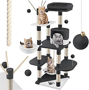 LOVPET® Kratzbaum XXL Katzenbaum Kletterbaum, mit Hängematte, Sisalstämmen, Stabil, Höhle, Spielbälle, Spielsisal & Spielseil, Höhe 149cm, mit vielen Kuschel- und Spielmöglichkeiten, Grau/weiß