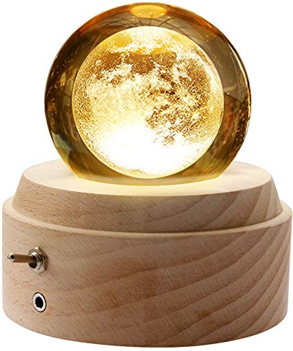 Wooden Music Box,3D Crystal Ball Music Box Moon Light Luminous Rotating Musical Box with Projection LED Light and Wood Base Best Gift for Birthday Christmas Valentine's Day Home Decor