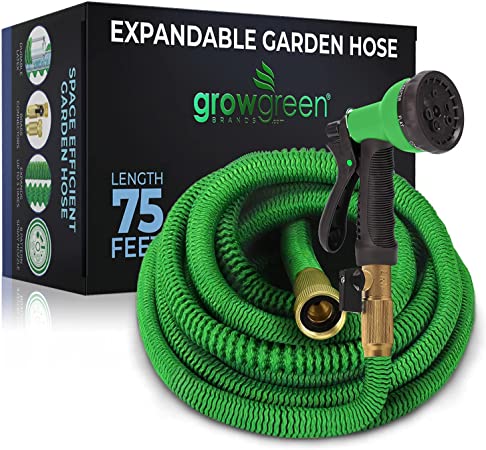 Growgreen Garden Hose with 8 Function Nozzle, Expandable Garden Hose, Flexible and Lightweight, Super Durable Double Latex Core, Solid Brass Connectors (75 Ft)