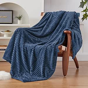 EXQ Home Fleece Throw Blanket for Couch or Bed - 3D Ribbed Jacquard Decorative Blankets - Cozy Soft Lightweight Fuzzy Flannel Blanket Suitable for All Seasons(50"×60",Dark Blue)