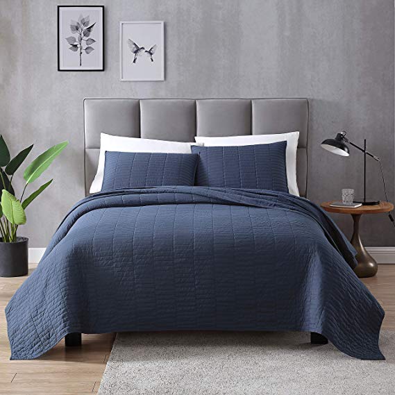 EXQ Home Quilt Set Twin Size Navy 2 Piece,Lightweight Hypoallergenic Microfiber Coverlet Modern Style Stitched Quilt Pattern Bedspread Set