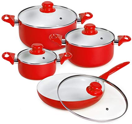 TecTake 8 piece ceramic cooking pots lids pan pot saucepan cookware set red