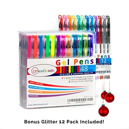 Gel Pen Set by OfficeGoods – 48 Brightly Colored Pens – Fun Premium Arts and Crafts Supplies with Fast Drying Ink   12 Extra Glitter Pack Included!