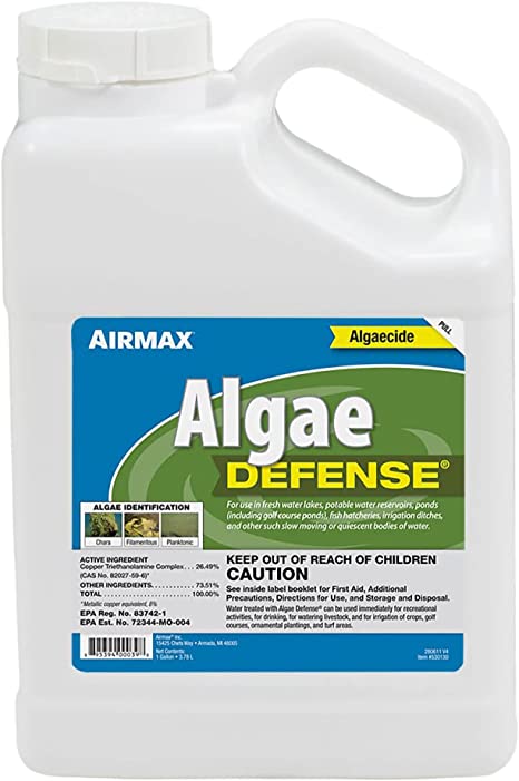 Airmax Algae Defense, EPA Registered Algaecide Pond & Lake Water Treatment, Floating Moss, Green Slime Scum & Chara Killer for Large Ponds & Lakes, Outdoor Liquid Spray Copper Based Solution, 1 Gallon