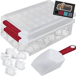 Gorilla Grip Stackable Ice Cube Tray and Bin Set, Includes 2 Trays with Lid and Scooper, Easy Release, Makes 56 Cubes for Cocktail Soda Coffee, Leak Proof Freezer Bucket Kit, Kitchen Gadgets, Red