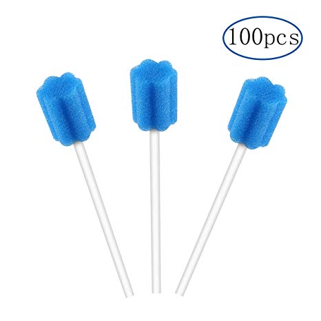 Disposable oral swabs mouth cleaning sponge unflavored tooth care swabs individually wrapped oral care for elderly and pets( 100pcs,blue, plum flower shape)