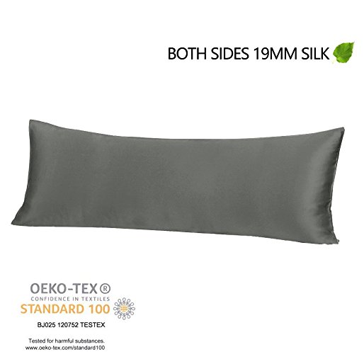 THXSILK Silk Body Pillow Cover Pillow Case with Zipper - Hypoallergenic&Breathable - Top Grade Mulberry Silk on Both Sides, 20" x 54", Grey
