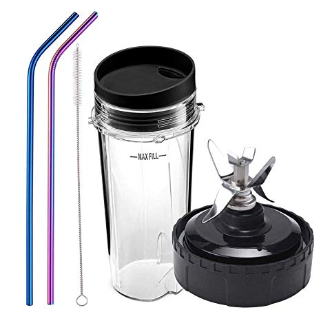 Blender Replacement Parts for Ninja,Replacement Blade with 16oz Cup,Lid and Stainless Steel Straws Compatible with Ninja BL660 BL770 BL740 BL771 BL773CO