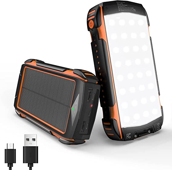 NexiGo Solar Charger 20000mAh, Solar Power Bank with PD 18W QC 3.0 Quick Charge, 5 Output & Input, IP65 Waterproof, Built-in Bright Flashlights for iOS and Android, Black & Orange