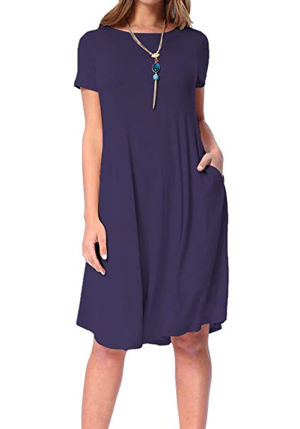 levaca Women's Plain Scoop Neck Draped Pockets Loose Swing Casual Midi Dress