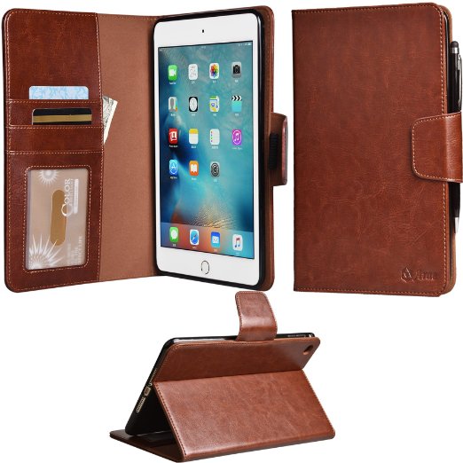ipad mini 4 Case, Arae apple ipad mini 4 wallet case, Folio PU leather wallet case cover [Kickstand Feature] with auto sleep/awake function for new ipad mini 4 2015 (Brown)