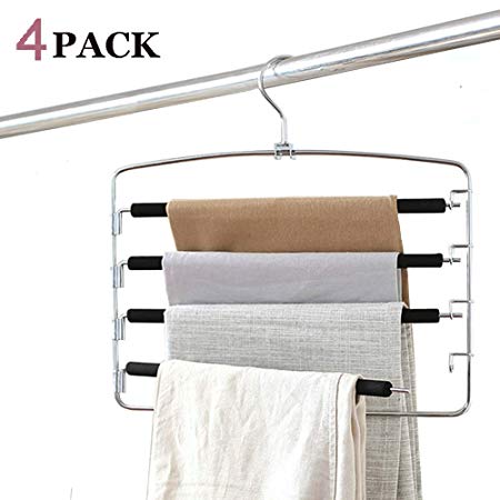 Clothes Pants Hangers 4pack - Multi Layers Metal Pant Slack Hangers,Foam Padded Swing Arm Pants Hangers Closet Storage Organizer for Pants Jeans Scarf Hanging(Black)