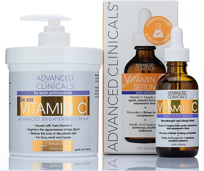 Advanced Clinicals Vitamin C Skin Care set for face and body. Spa Size 16oz Vitamin C cream and Vitamin C face serum for dark spots age spots uneven skin tone in as little as 4 weeks!