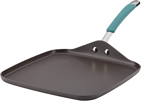 Rachael Ray Cucina Hard Anodized Nonstick Griddle Pan/Flat Grill, 11 Inch, Gray with Agave Blue Handle