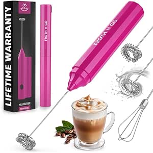 Zulay Froth N Go Milk Frother Rechargeable - 3-in-1 Frother Wand With Case & USB-C Charger - Comes With 3 Whisk Attachments for Latte, Cappuccino, Matcha, Protein Shakes - Dragonfruit