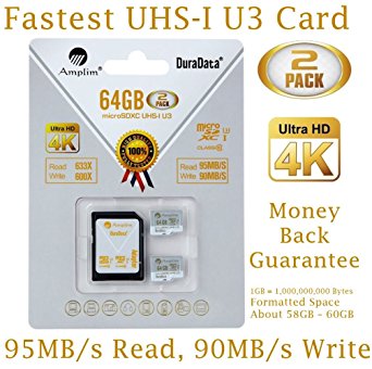 2 Pack 64GB Micro SDXC U3 Card Plus SD Adapter. Amplim Pro Extreme Class 10 UHS-I MicroSDXC 95MB/s Read, 90MB/s Write. Ultra High Speed HD UHD 4K Video. Internal/External MicroSD Flash Memory Storage