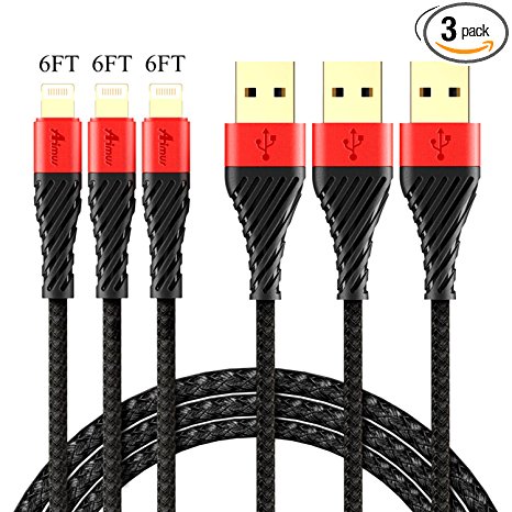 Aimus iPhone 7 Charger Lightning Cable 3 Pack 6FT 8 Pin Nylon Braided Lightning to USB Charging Cable Cord Compatible with iPhone X/8/8 Plus/7/7 Plus/6/6S Plus/5S/iPad and iPod (Black-6ft)