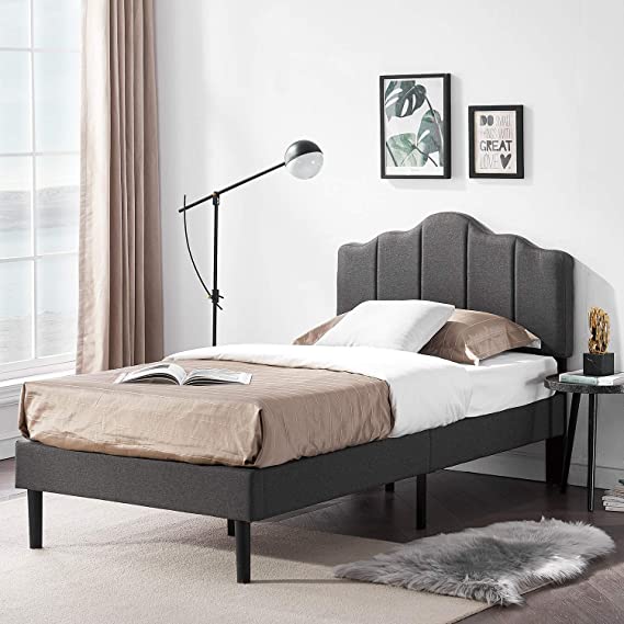 VECELO Twin Upholstered Platform Bed Frame with Height Adjustable Headboard, Mattress Foundation with Strong Wood Slat Support, No Box Spring Needed, Easy Assembly