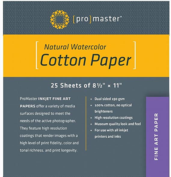 Promaster Fine Art Inkjet Paper - 100% Cotton - Natural Watercolor - 8 1/2 x 11'' - 25 Sheets
