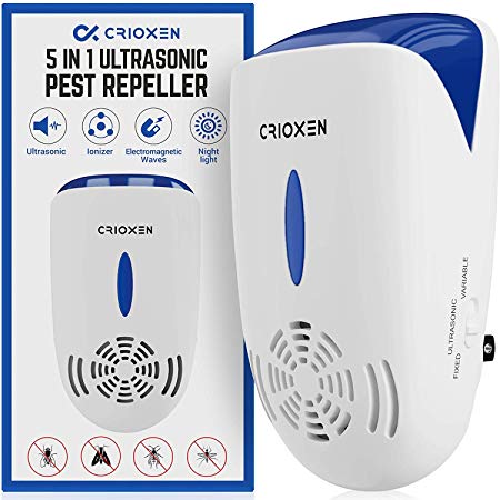 Crioxen Ultrasonic Pest Repeller Plug in - Electronic Portable Pet Safe - 5 in 1 Electromagnetic Waves Ultrasound Control - Repellent for Mice Rats Mosquitos Spiders Rodents Insects – Indoor