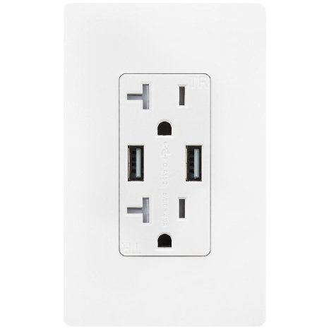 TOPGREENER TU2204A 4A High Speed Dual USB Charger Receptacle 20A Tamper Resistant Outlet & Safety Plate, White