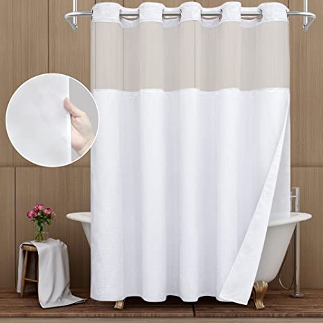 Afuly Hotel Shower Curtain 71x74 inches with Snap in Liner No Hook White Waffle Fabric Cloth Ringless Textured Heavy Duty Luxury Farmhouse See Through Bathroom Curtains Set