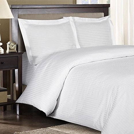 Royal Hotel's Striped White 600-Thread-Count 4pc Queen Bed Sheet Set and 3pc Duvet-Cover-Sets 100-Percent Cotton, Sateen Striped, Deep Pocket