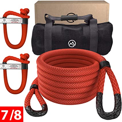 Miolle 7/8" x 30' Kinetic Recovery & Tow Rope, Red (29,300 lbs), with 2 Spectra Fiber Soft Shackles 3/8' x 6" (35000 lbs)