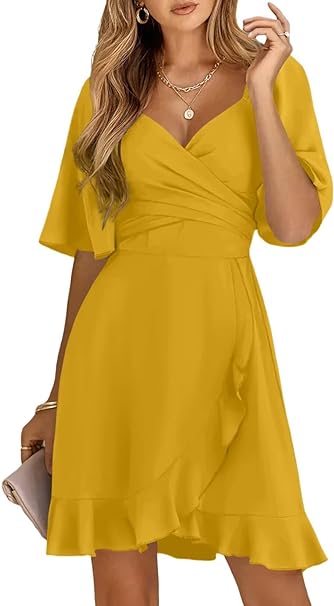 Dokotoo Women's Wrap V Neck Short Flared Sleeve Wedding Guest Dress Smocked Elastic Waist Tiered Belted Ruffle Hem Mini Dress