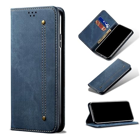 DOB® Synthetic Leather Wallet Case for Samsung Galaxy A52 | Galaxy A52s 5G Flip Cover Denim Texture Magnetic Push Closure Card Slots & Money Pocket with Viewing Stand Case - Blue