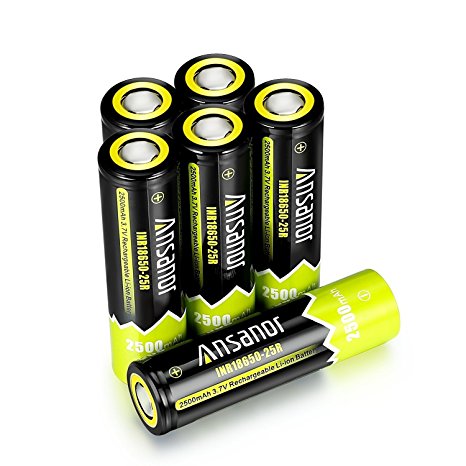Ansanor For Samsung INR18650-25R 18650 Battery 2500mAh 3.7v, Rechargeable Flat Top Battery [6pcs]