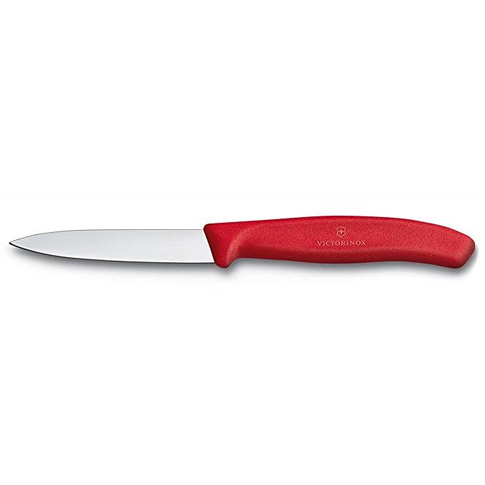 Victorinox Kitchen Knife, Stainless Steel Swiss Made Vegetable Cutting and Chopping Knife, Straight Edge, 8 cm, Red