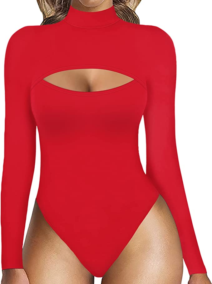 MANGOPOP Mock Neck Sexy Cutout Front T Shirt Sleeveless/Long Sleeve Short Sleeve Bodysuit for Women