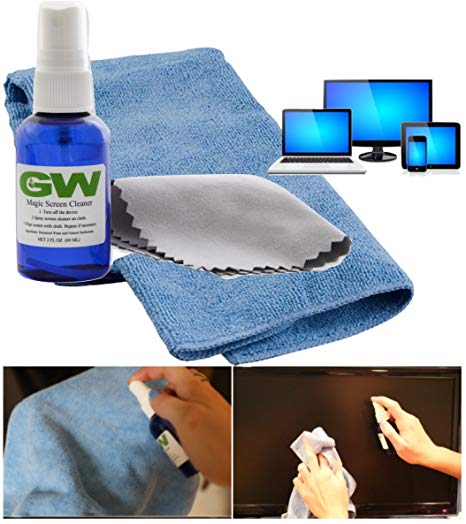 GW Magic Screen Cleaner Kit for Samsung, LG, Sony, LED, LCD, 4k HDTV TV, Tablets, Laptops, Eyeglass, Smartphones, iPhone, iPad, Galaxy Tab with Microfiber Cloths