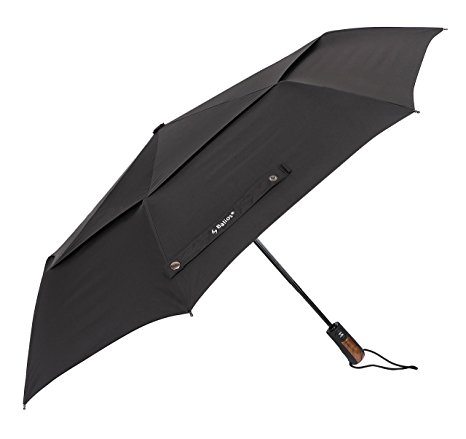 Designed in UK—Balios Travel Double Canopy Folding Umbrella Premium Fiberglass Steel Auto Open &Close with 300T Finest Fabric—Vented Windproof—Ultra Comfort Handle—Men’s&Ladies