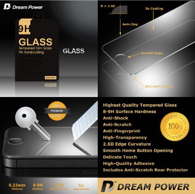 iPhone 5 / 5s / 5c Premium Tempered Glass Screen Protector with 2.5D Round Edges 9H Hardness 0.33mm Thin