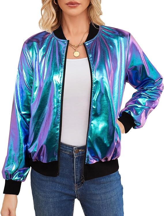 KANCY KOLE Womens 2023 Metallic Jacket Long Sleeve Front Zip Sparkle Shiny Party Bomber Blazer Top with Pockets S-2XL