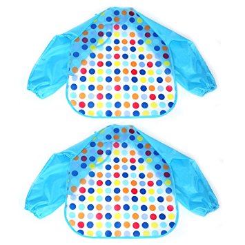 2pcs Baby Bibs Apron Long Sleeve Waterproof Feeding Painting Art Cute Cartoon Toddler Saliva Towel Baby Smock Polka Dot Blue