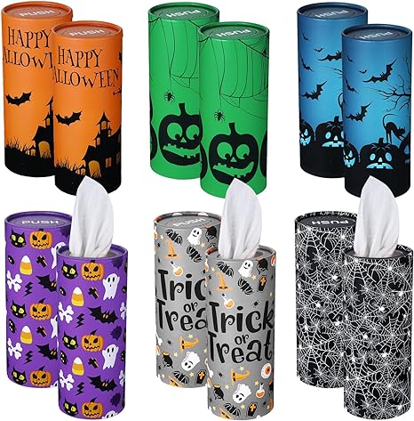 Outus 12 Pack Halloween Car Tissues Boxes Trick or Treat Car Tissues Cylinder Holder with 3 Ply Facial Tissue Bulk Round Travel Tissues Boxes for Halloween Party Decorations Car Cup Holder Bathroom