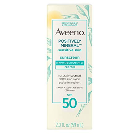 Aveeno Positively Mineral Sensitive Skin Daily Sunscreen Lotion for Face, Broad Spectrum SPF 50 with 100% Zinc Oxide, Lightweight & Non-Comedogenic Sheer Facial Sunscreen, Travel-Size, 2 fl. oz